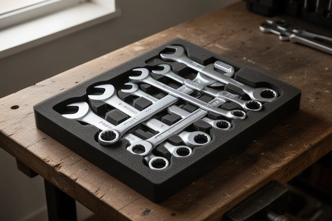 S-shaped wrenches laid out in a foam tool tray