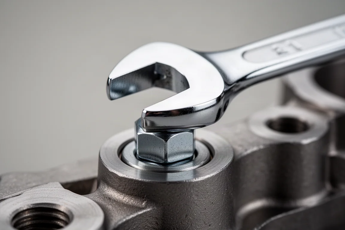 Wrench head fitted snugly over a hex fastener on a metal part