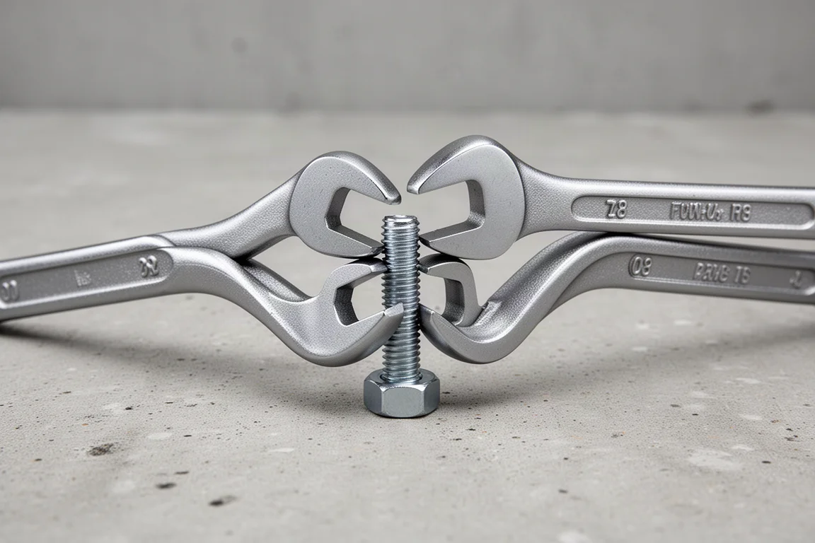 Two wrenches engaged head to head like a squeeze test