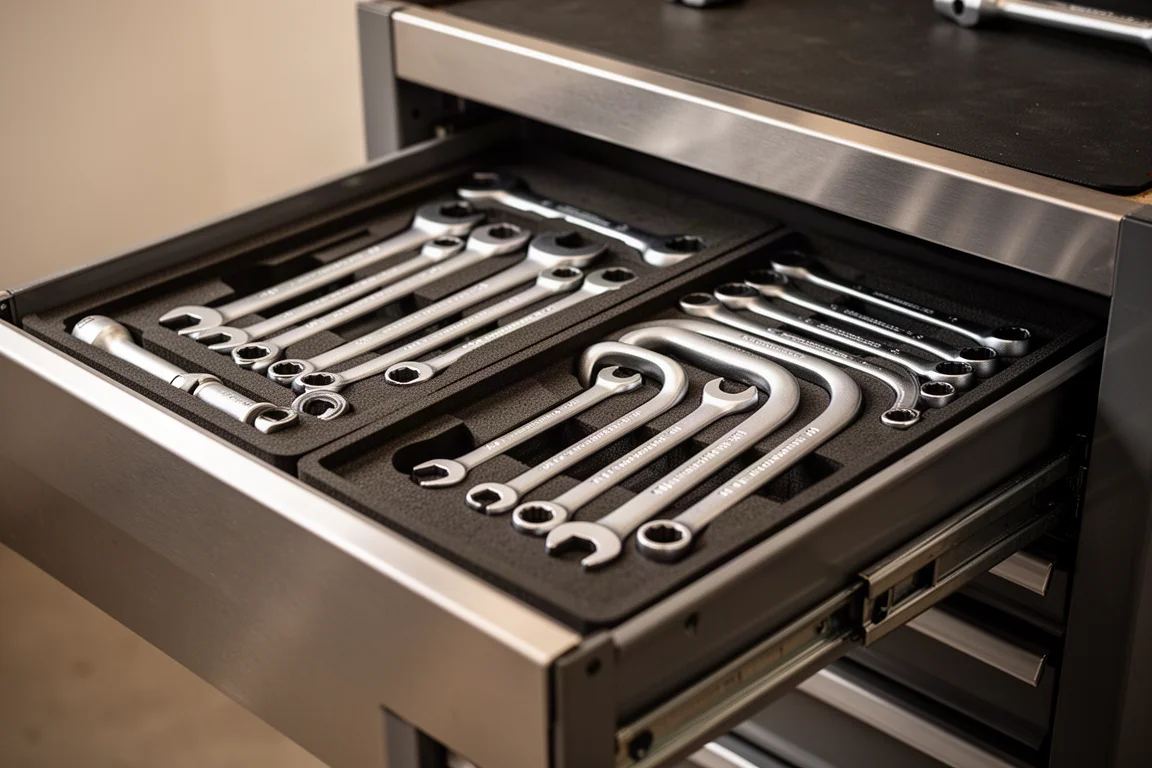 Organized tool chest drawer with wrench sets in foam trays
