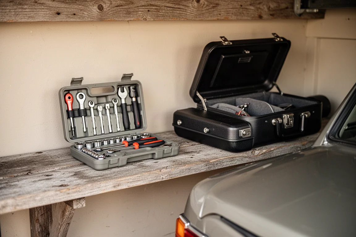 Kleines Werkzeugset auf einem Garagenregen ausgelegt, bereit zum Verstauen im Handschuhfach