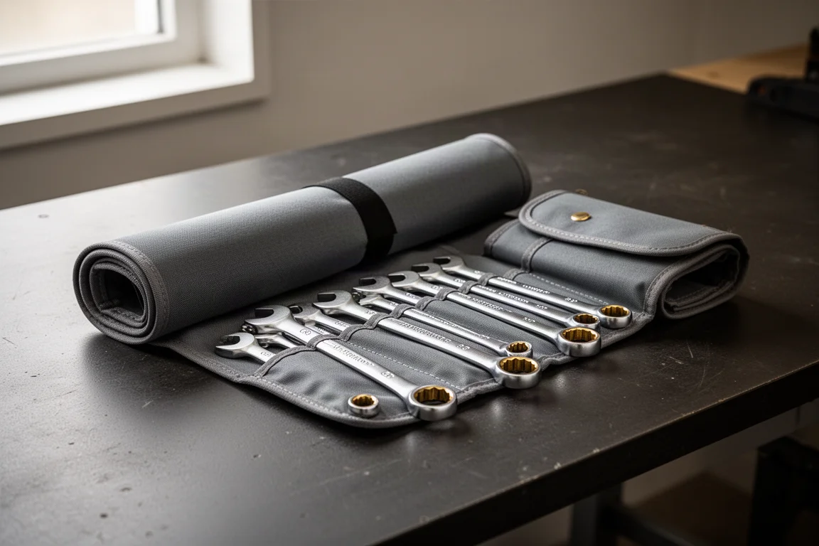 Two rolls of gold-finished thin combination wrenches on a dark workbench