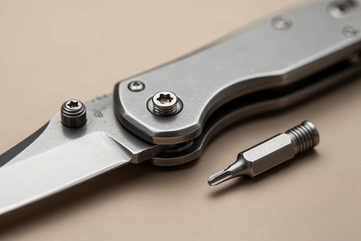 Präzisions-Bit-Spitze passend an einer winzigen Torx-Schraube eines Taschenmessers