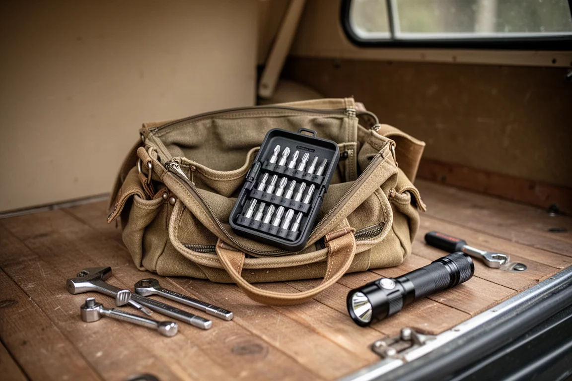 Micro-Driver-Set im Fahrzeug-Werkzeugbeutel neben anderen kleinen Werkzeugen