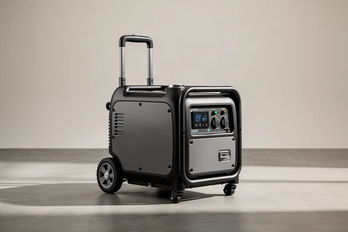 Generatore inverter completamente racchiuso su una superficie in cemento con pannello digitale visibile