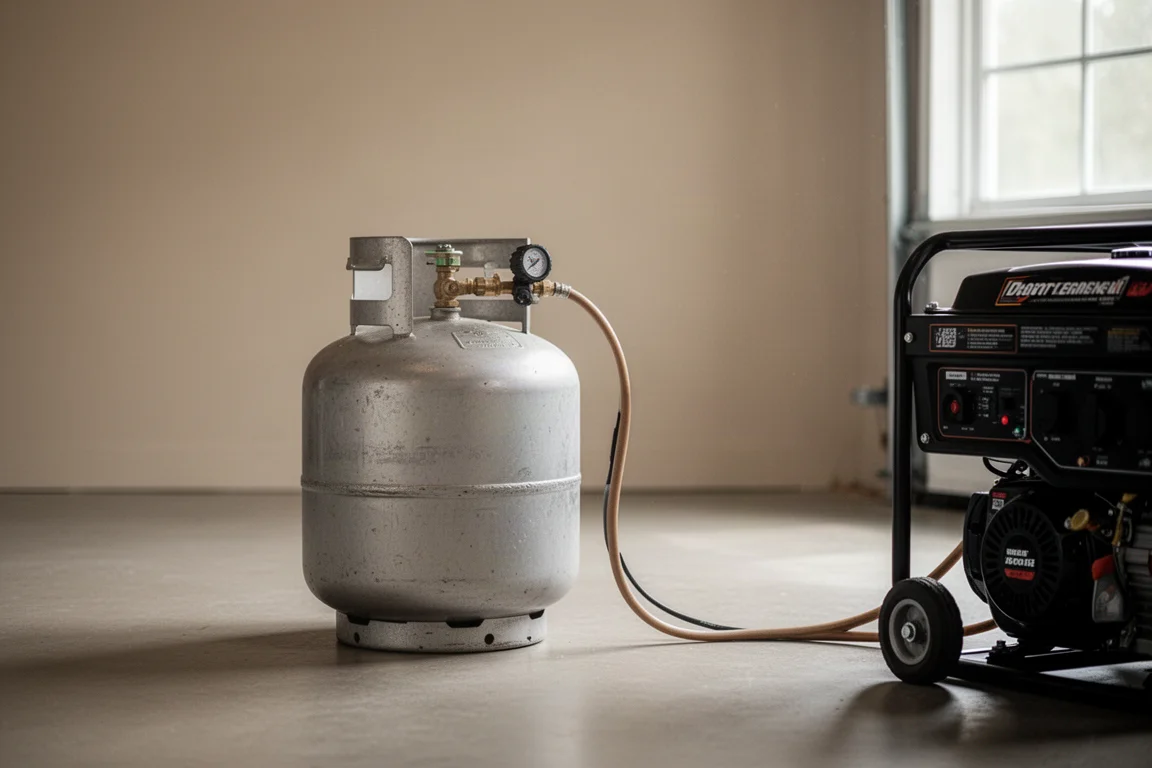Bombola di propano collegata a un generatore con tubo flessibile e regolatore su un pavimento di garage