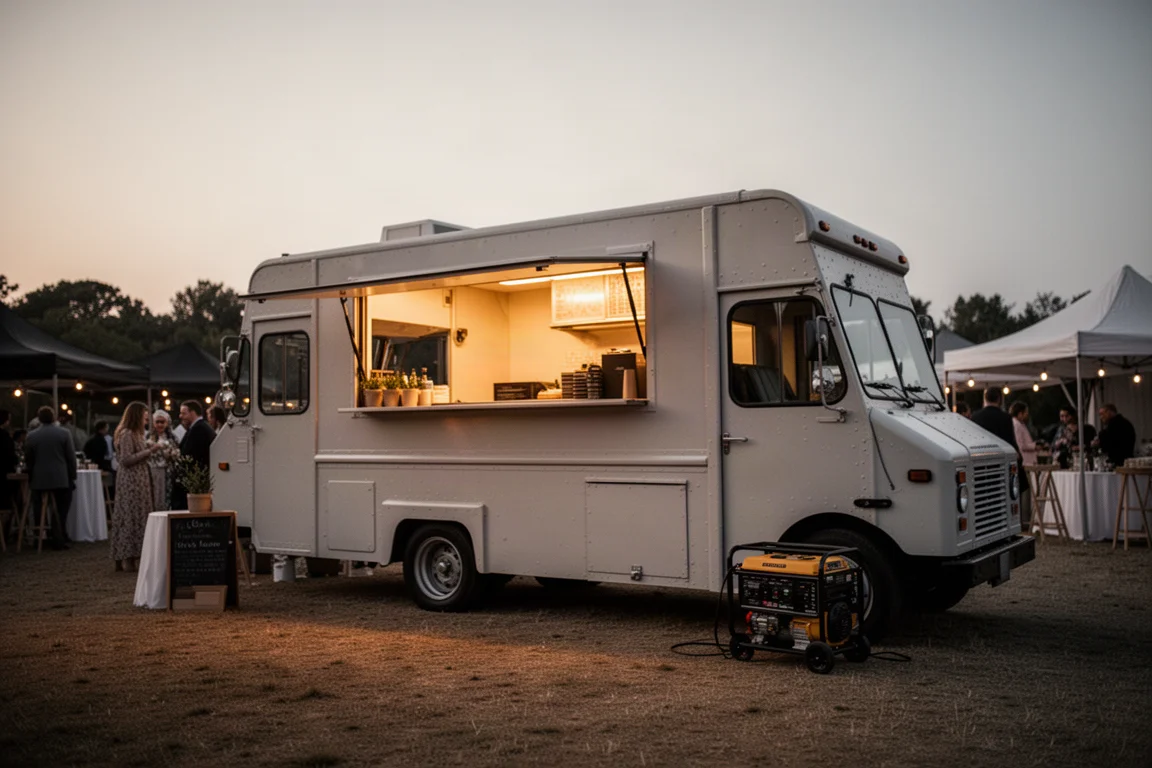 Food truck parcheggiata a un evento serale con un generatore nelle vicinanze