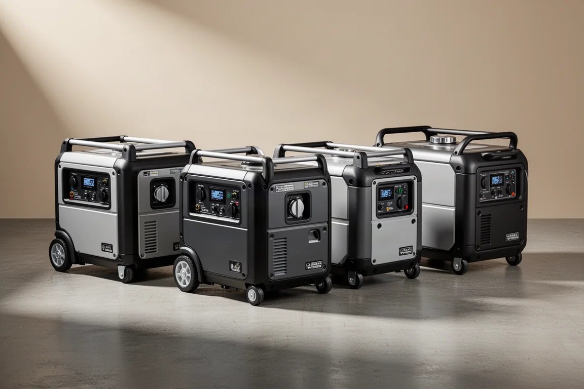 Four DuroMax fully enclosed inverter generators lined up in a studio setting