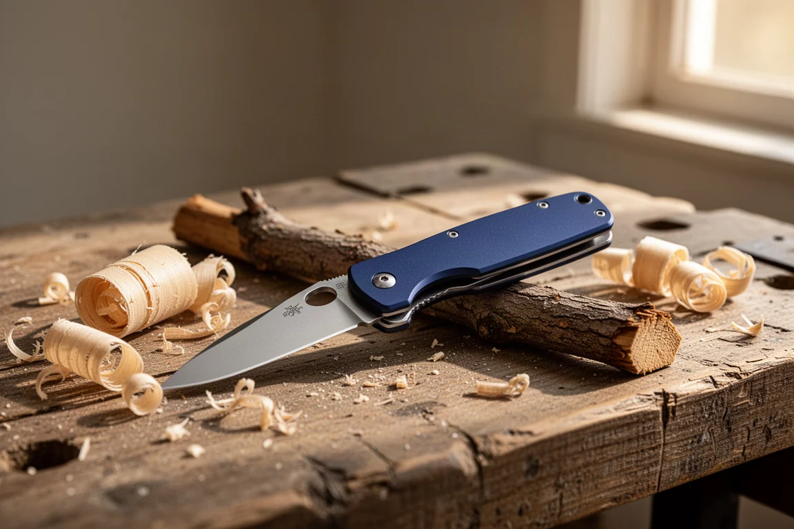 Navy blue folding knife open on a wooden workbench with wood shavings nearby