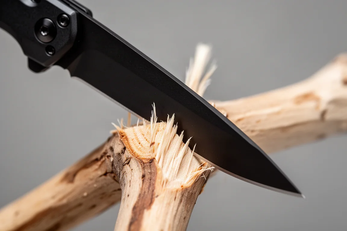 Close-up of a black PVD-coated knife blade edge cutting into soft wood