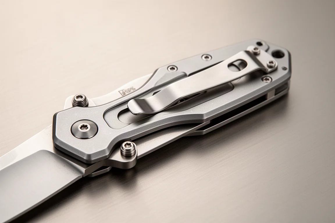 Detail shot of a folding knife frame lock and reversible pocket clip
