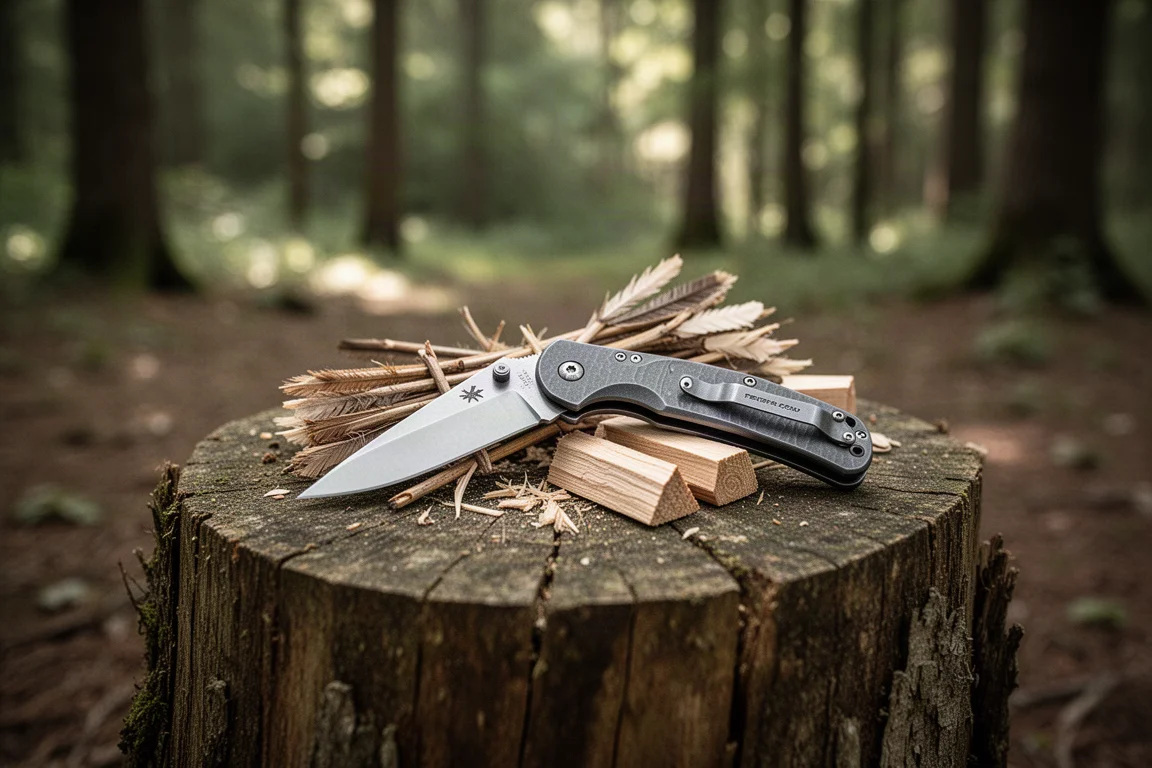 Folding knife and carving sticks arranged on a forest log stump