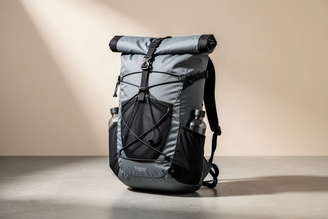 Grey ultralight hiking backpack with roll-top closure on a concrete surface
