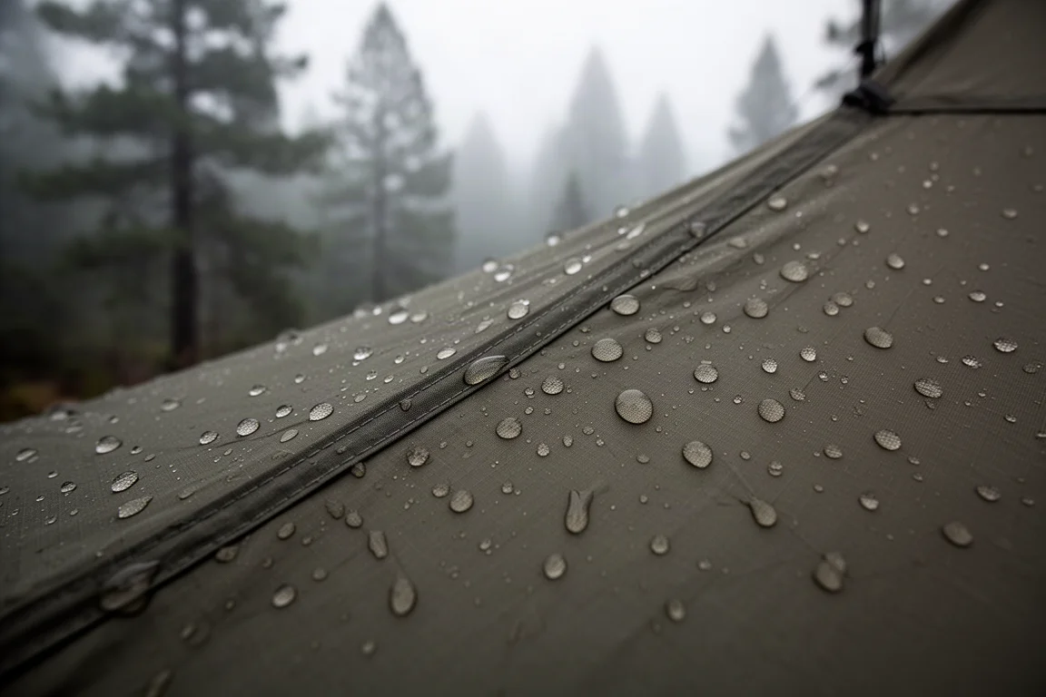 深橄欖色帳篷外帳布料繃緊,雨水凝成水珠的特寫,背景為森林