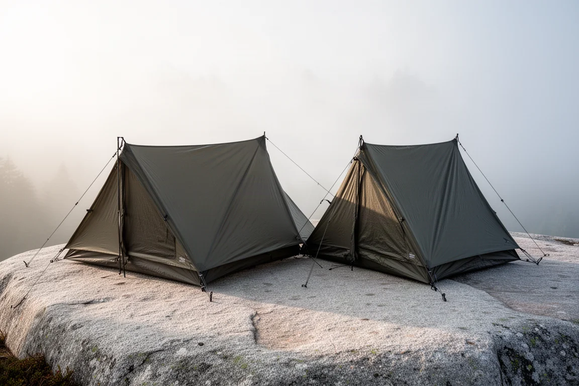 Two freestanding backpacking tents pitched side by side on granite in soft morning light