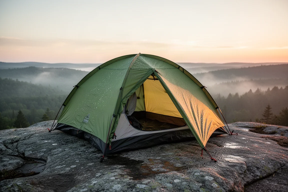 Namiot trekkingowy rozstawiony na granitowej półce nad spowitą mgłą doliną o wschodzie słońca