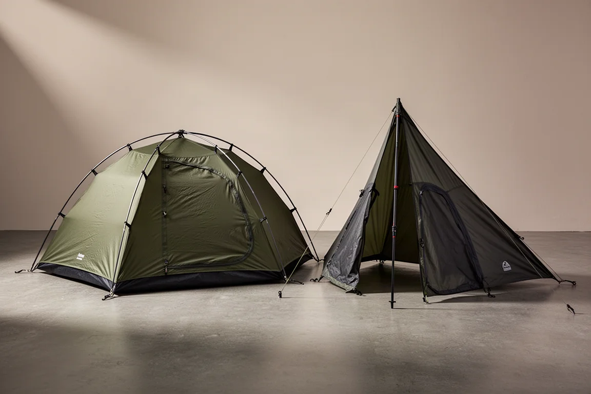 Freestanding dome tent and trekking pole tent pitched side by side on concrete