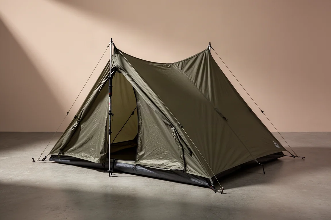 Durston Gear X-Mid 1 trekking pole tent pitched on a neutral concrete studio surface