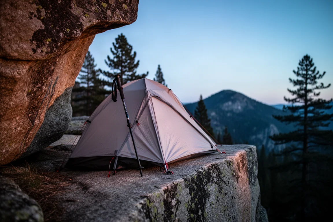 Tenda ultraleggera monotelo montata su una cengia di granito all'alba con la nebbia sotto