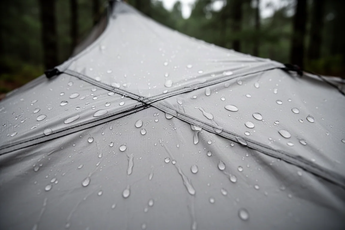 Interno di una tenda ultraleggera con pannello in rete aperto che inquadra la foresta oltre
