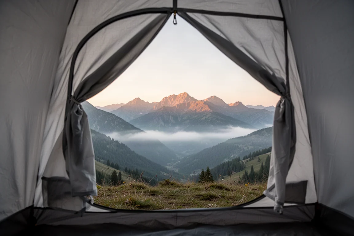 Tenda bassa con bastoncini da trekking sostenuta contro il vento su un crinale esposto al crepuscolo