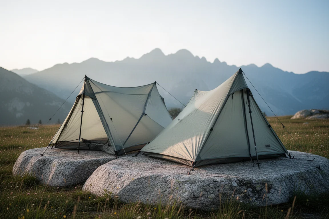 Two ultralight trekking pole backpacking tents pitched side by side on an alpine granite slab
