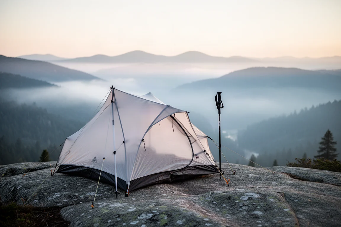 Tente ultralégère à bâtons de trekking au profil bas montée sur un rebord granitique au-dessus d'une vallée brumeuse au lever du soleil