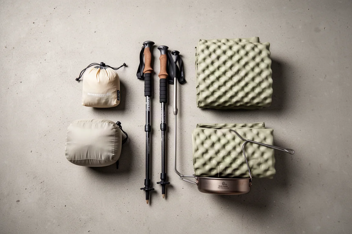 Vue à plat d'un équipement de randonnée ultraléger avec sac de compression, bâtons de trekking et matelas plié sur du béton