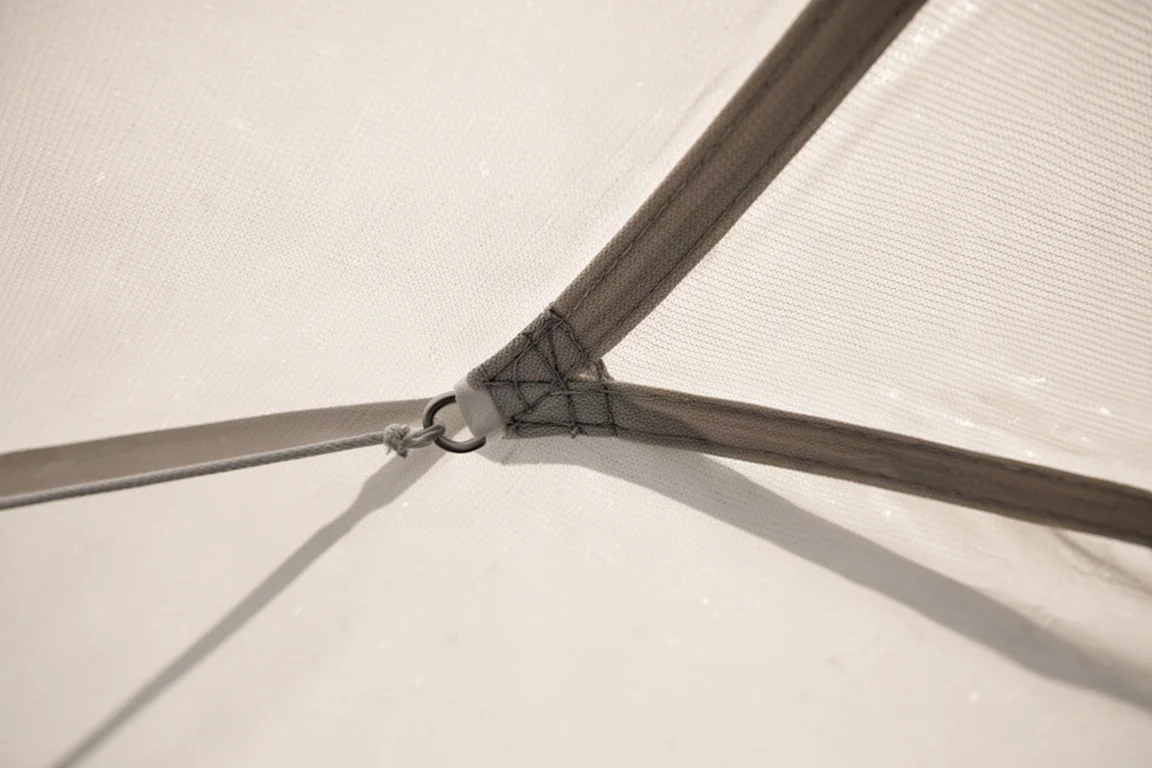 Gros plan sur le tissu translucide de la toile de tente avec la lumière du jour traversant le tissage et une couture