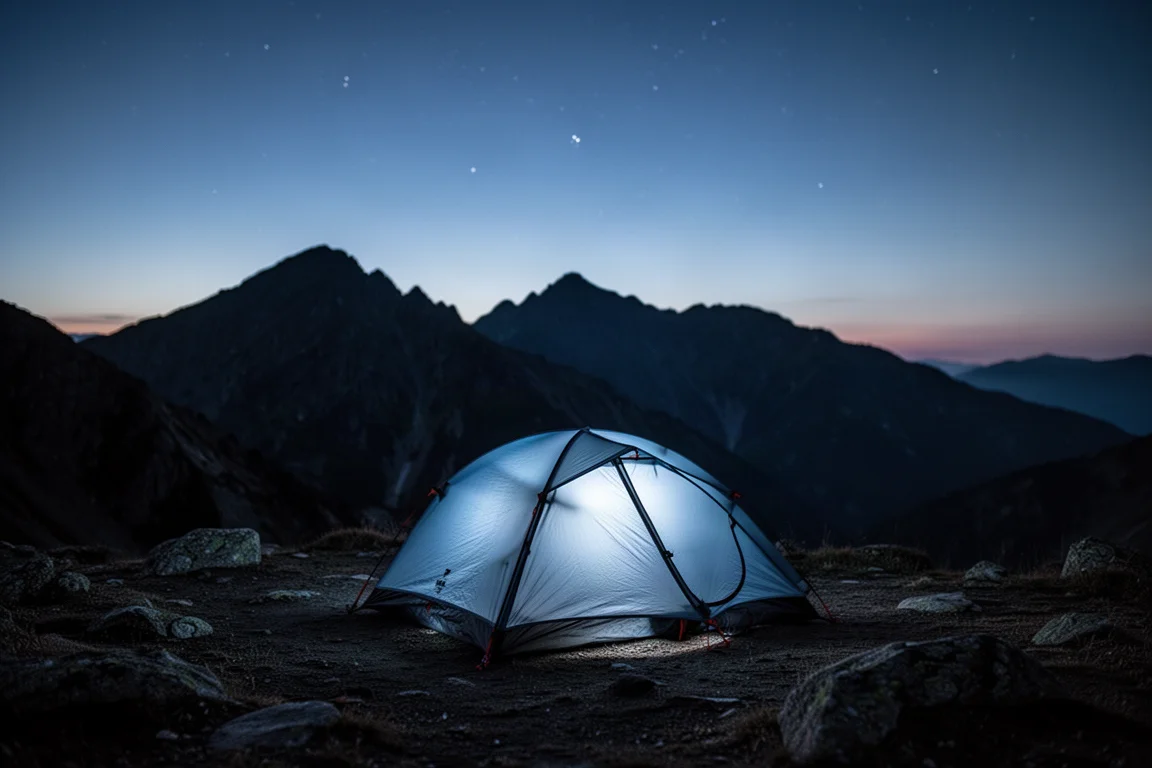 Petite tente ultralégère éclairée doucement de l'intérieur à l'heure bleue sur un camping de montagne