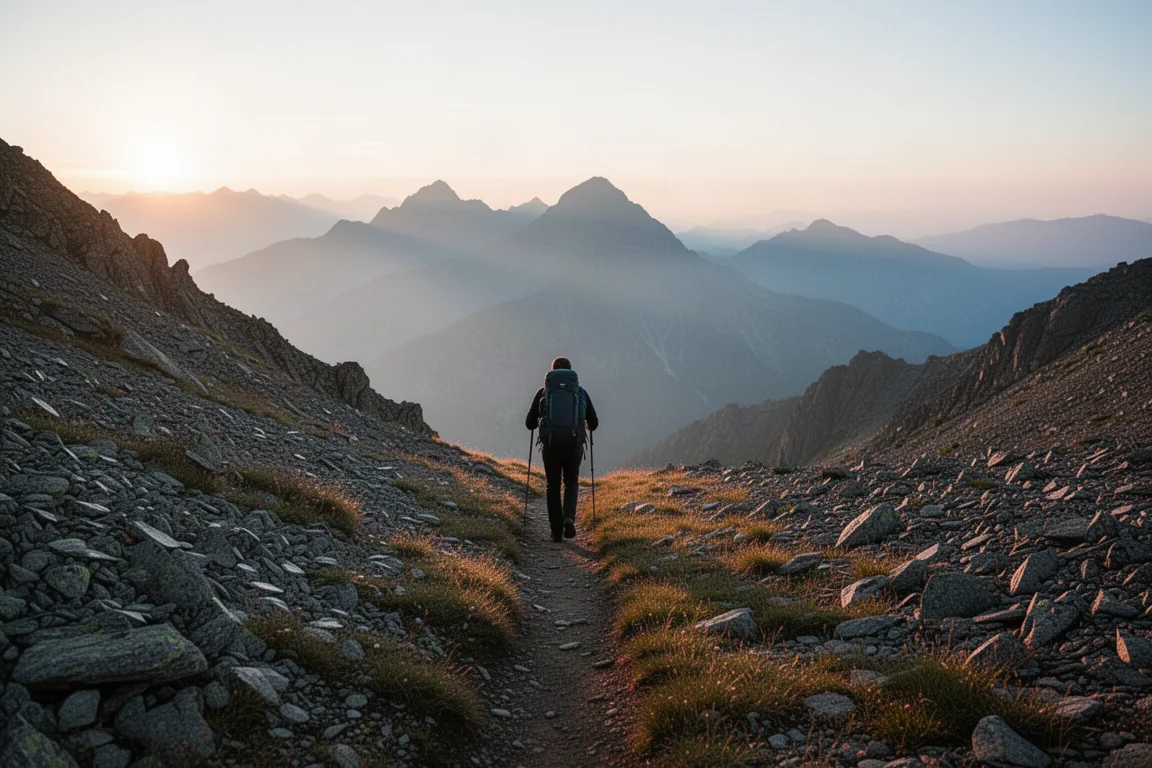Backpacker with trekking poles walking a high mountain ridge trail at sunrise