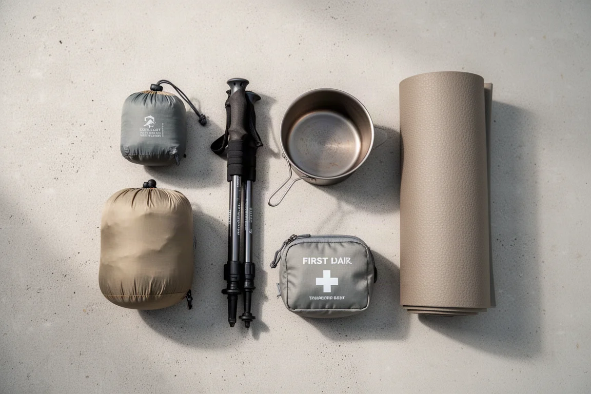 Overhead flat-lay of ultralight backpacking gear on a concrete surface