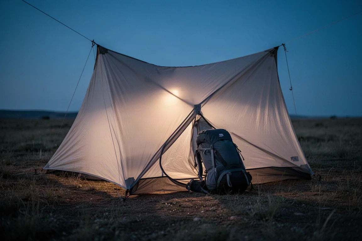 Ultralight tent pitched at dusk with a backpack stowed in the vestibule