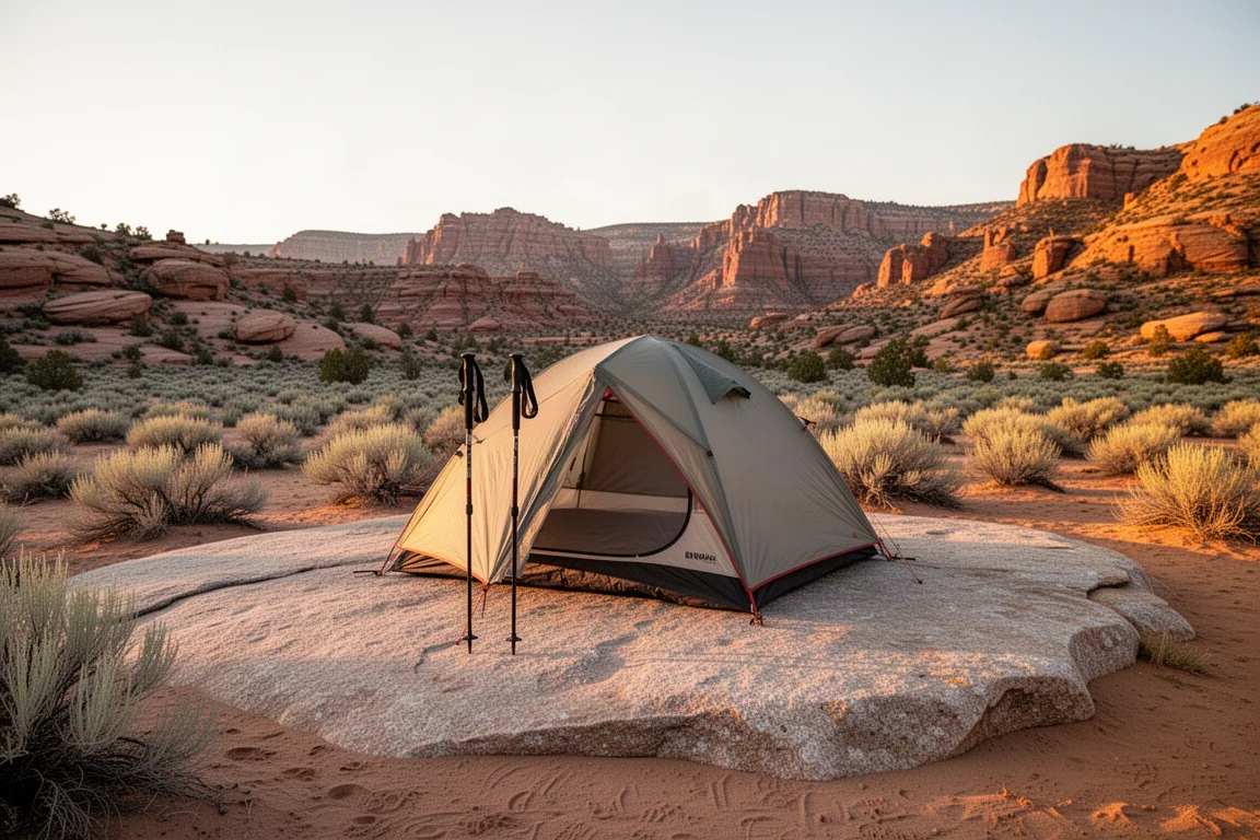 Trekking pole tent pitched on a granite slab in the desert at golden hour