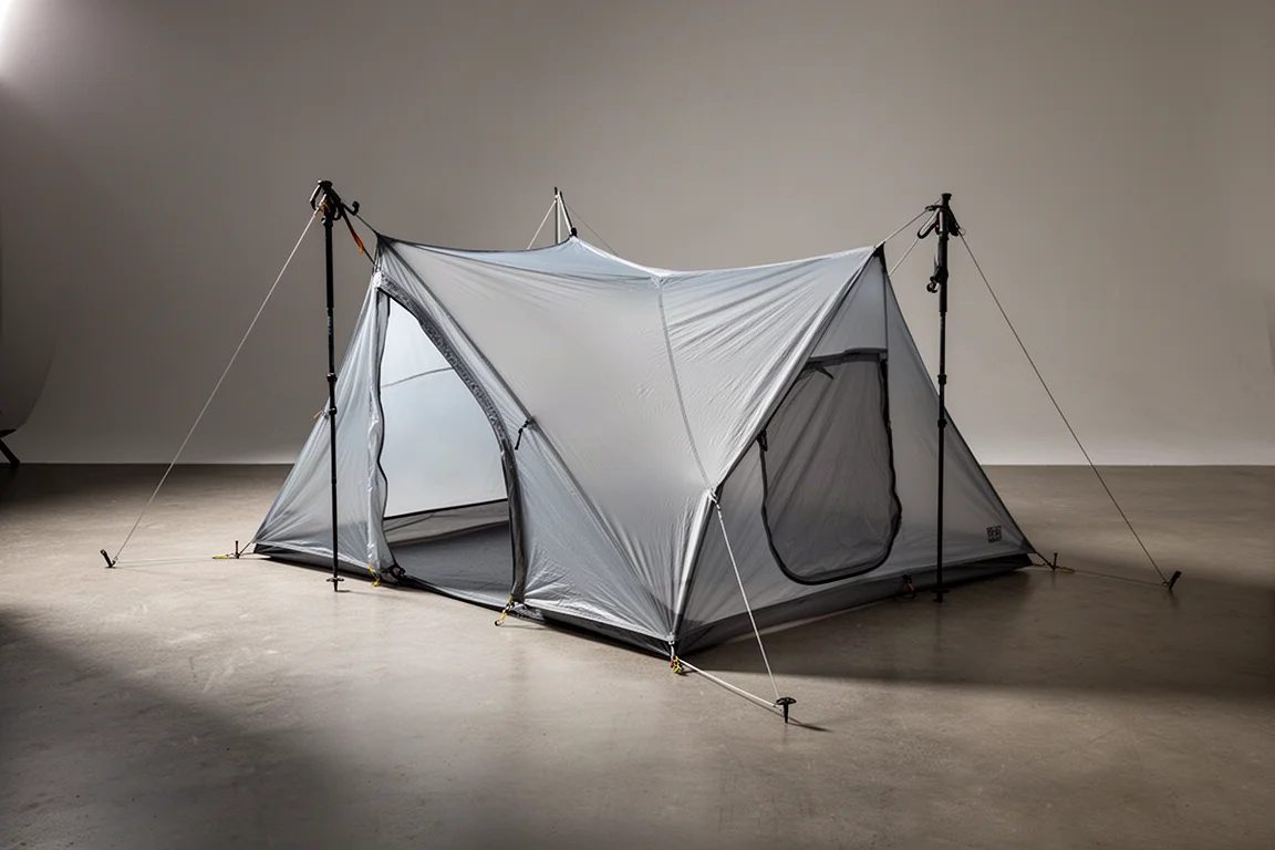 Ultralight single wall trekking pole tent pitched on concrete against a neutral grey backdrop