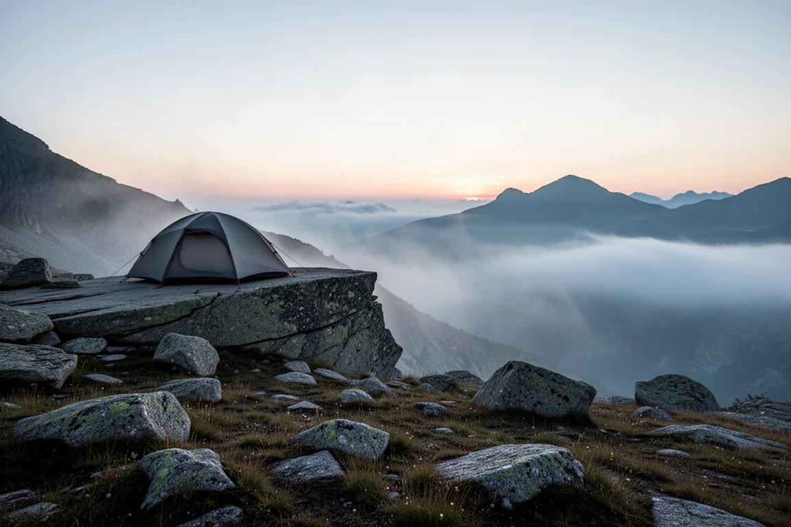 Flach anliegendes Zelt auf einer Granitplatte über einem nebelgefüllten Alpental im Morgengrauen