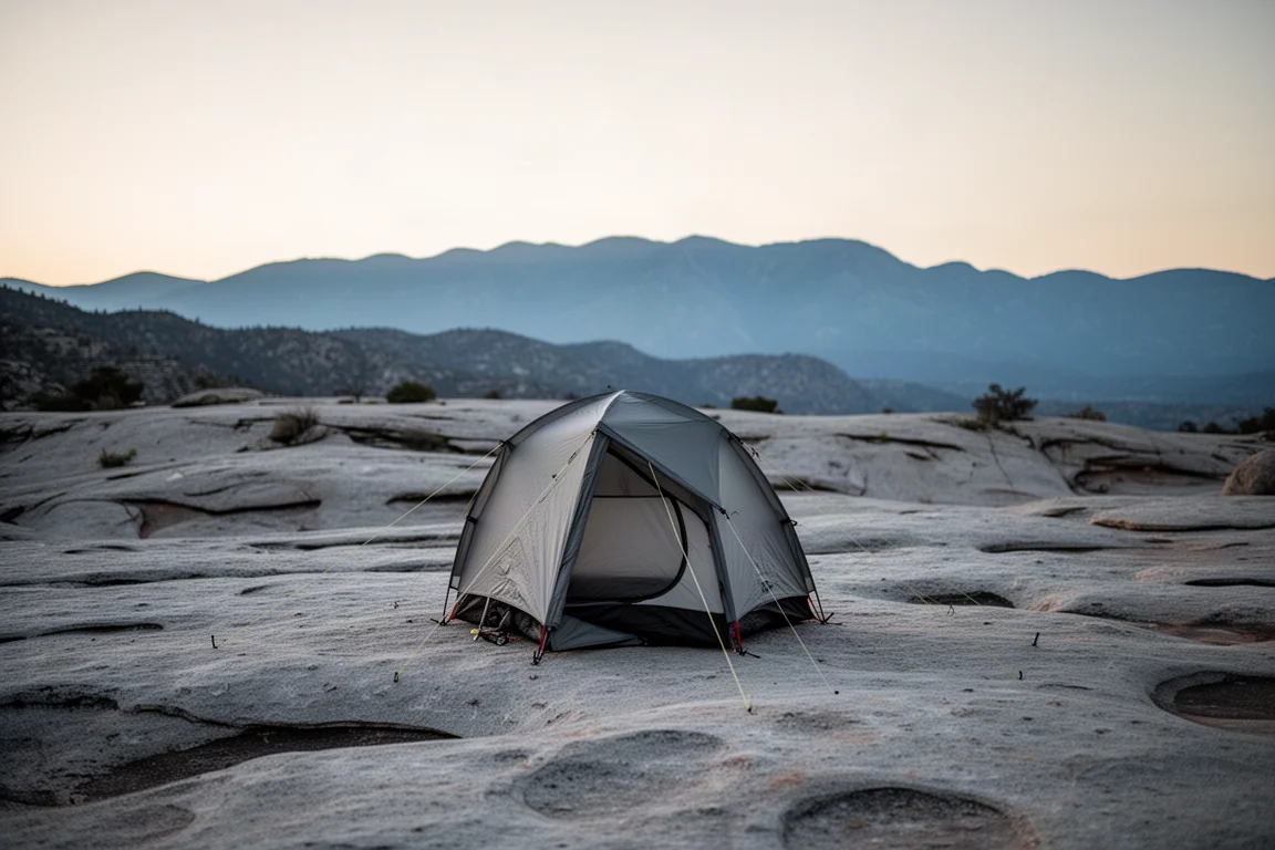 High alpine basin at first light with granite ridges fading into low mist