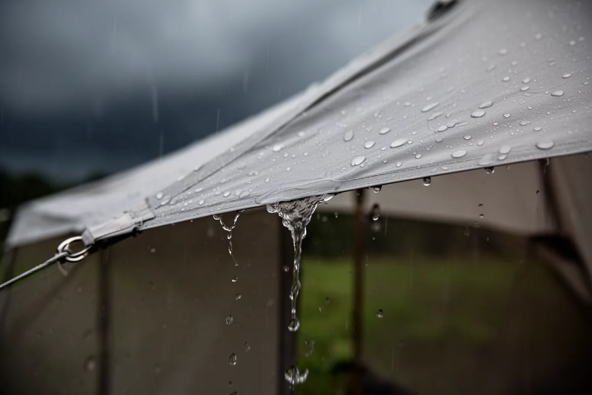 Close-up of rainwater beading on taut pale sand tent fabric with a stitched seam