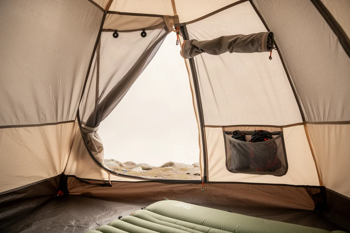 Trekking pole braced under a tent brow pole with guy lines tensioned in wind