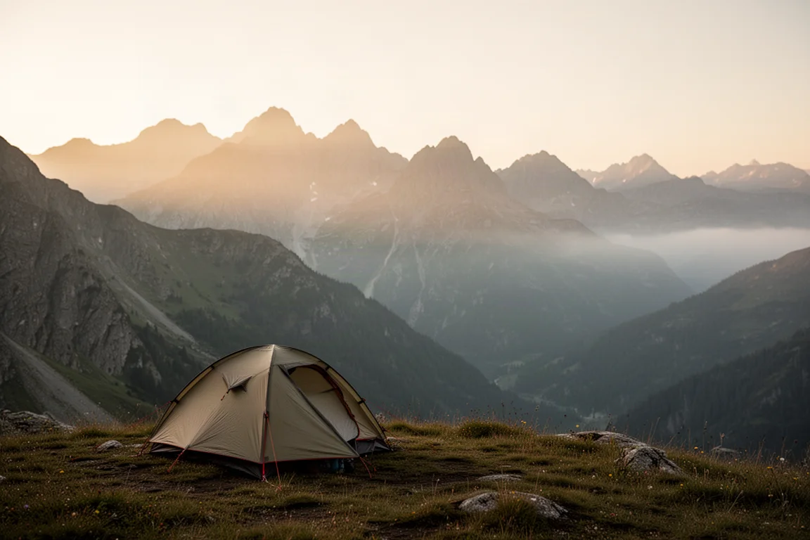 Overhead flat-lay of lightweight backpacking gear arranged on weathered granite