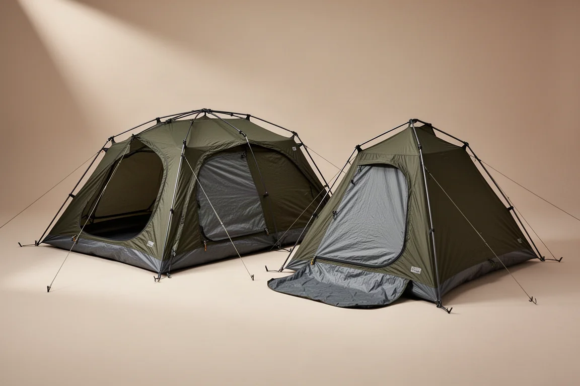 Two freestanding ultralight backpacking tents pitched side by side on a neutral backdrop