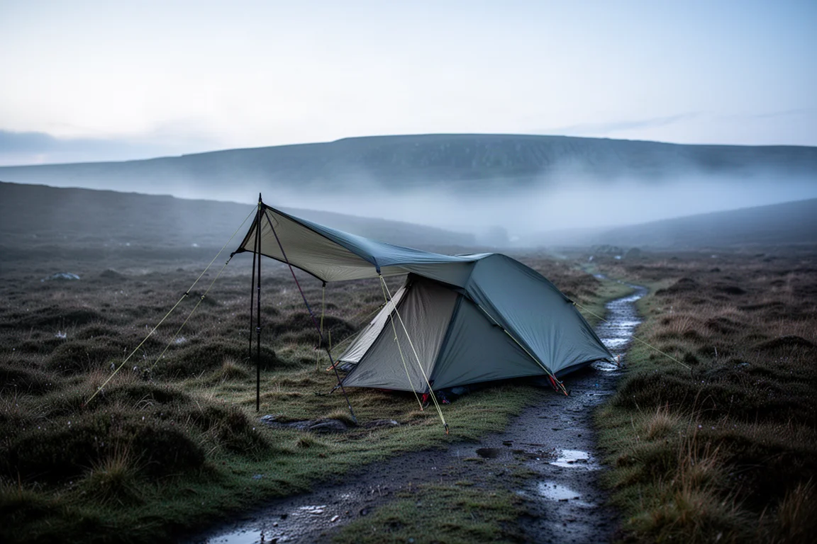 Laag profiel trekkingpoltent opgezet op heidegras bij het eerste licht met mist in het dal