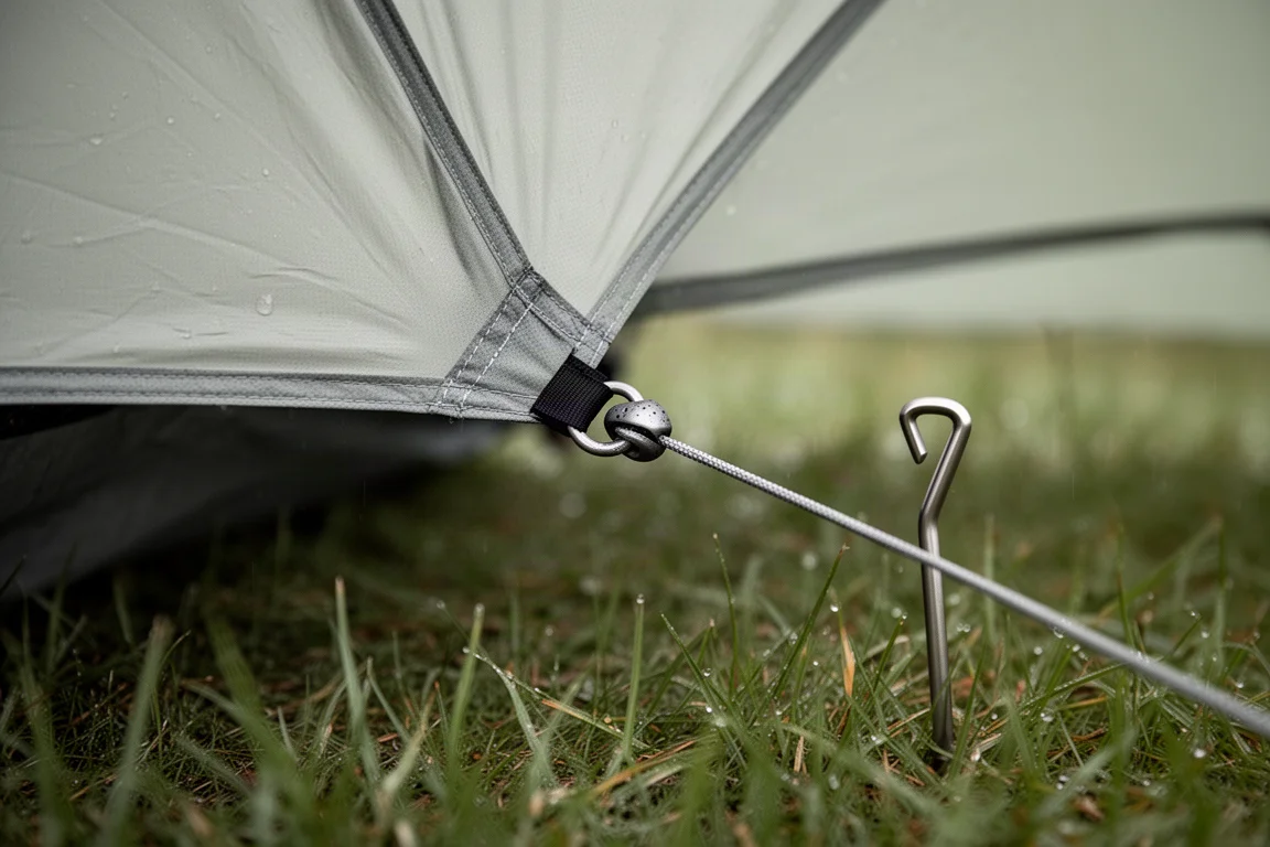 Close-up van een trekkingpolpunt in een versterkte ring met een gespannen scheerlijn