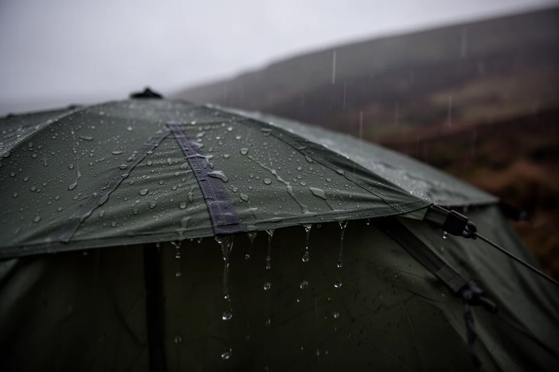 Regen parelt op het strakke polyester buitenzeil van een backpacktent in de schemering