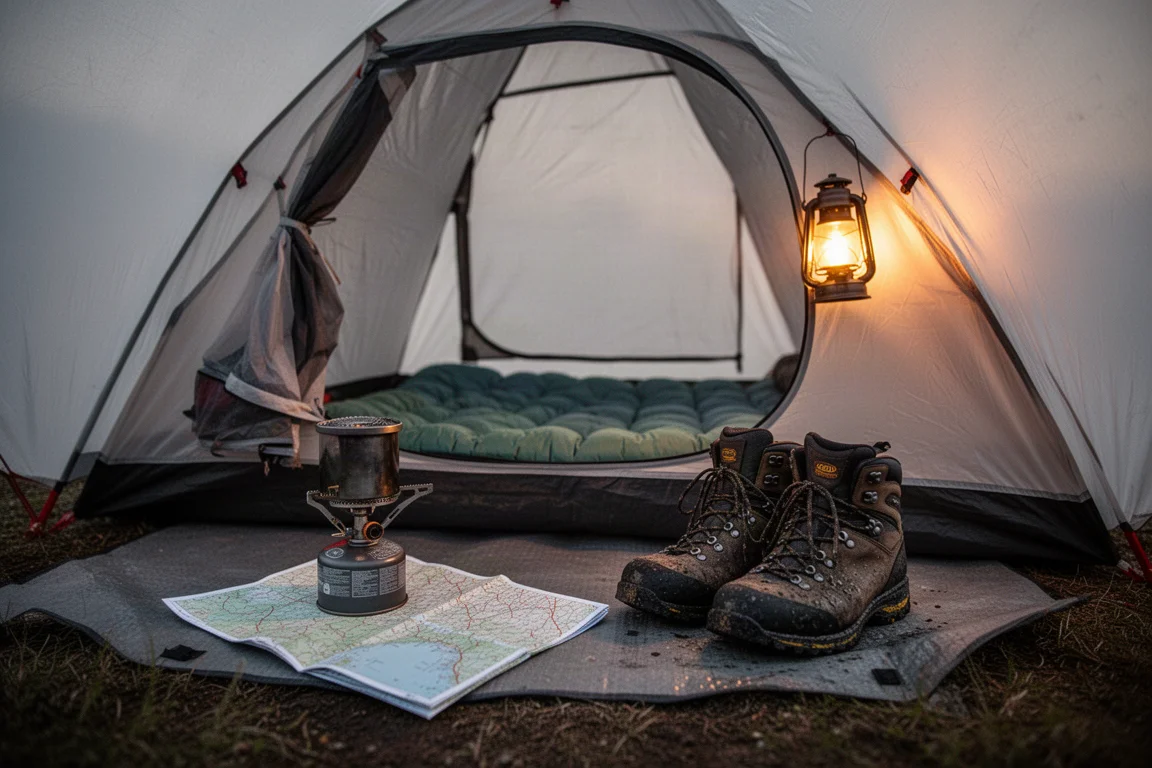 Voorportaal van een kleine backpacktent in de schemering met kooktoestel, kaart en vochtige schoenen