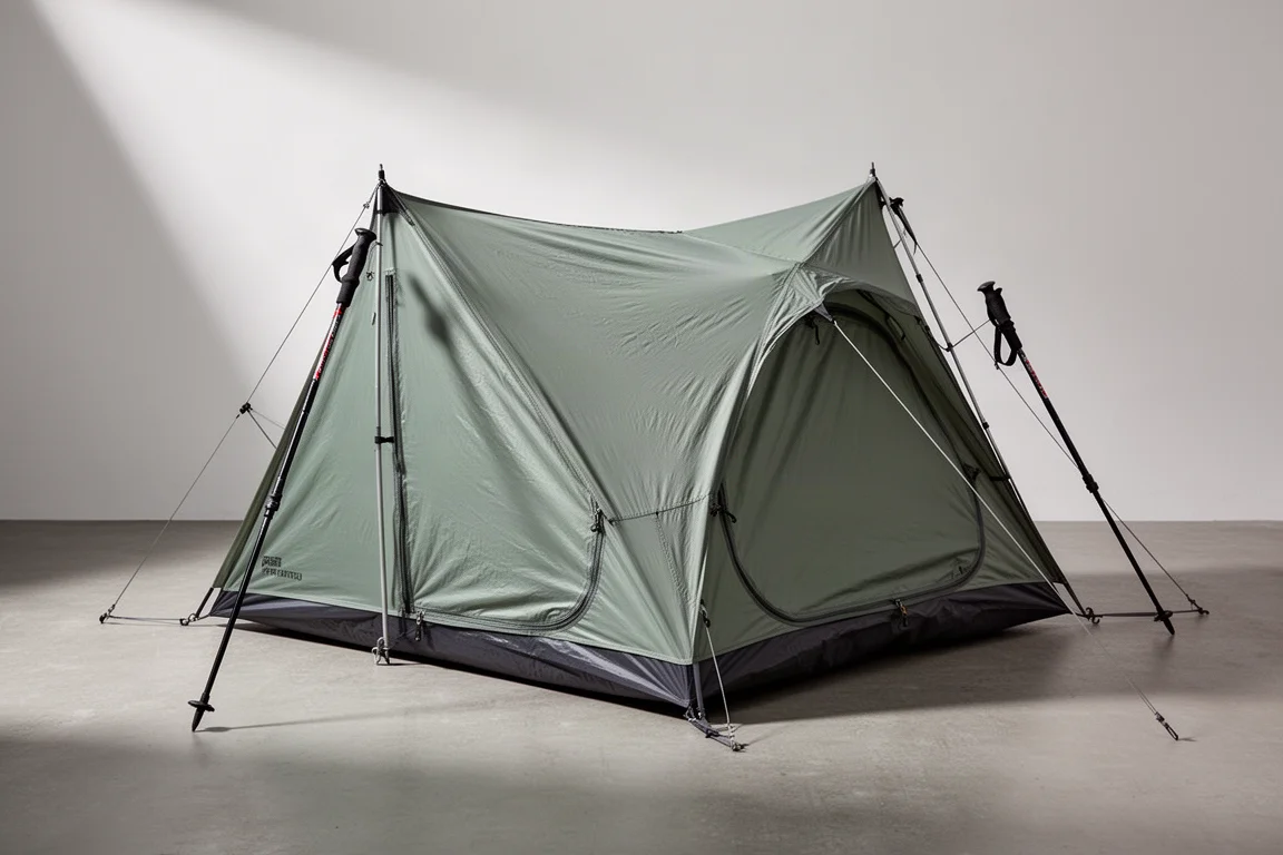 Ultralight one-person trekking pole tent pitched on a neutral grey surface