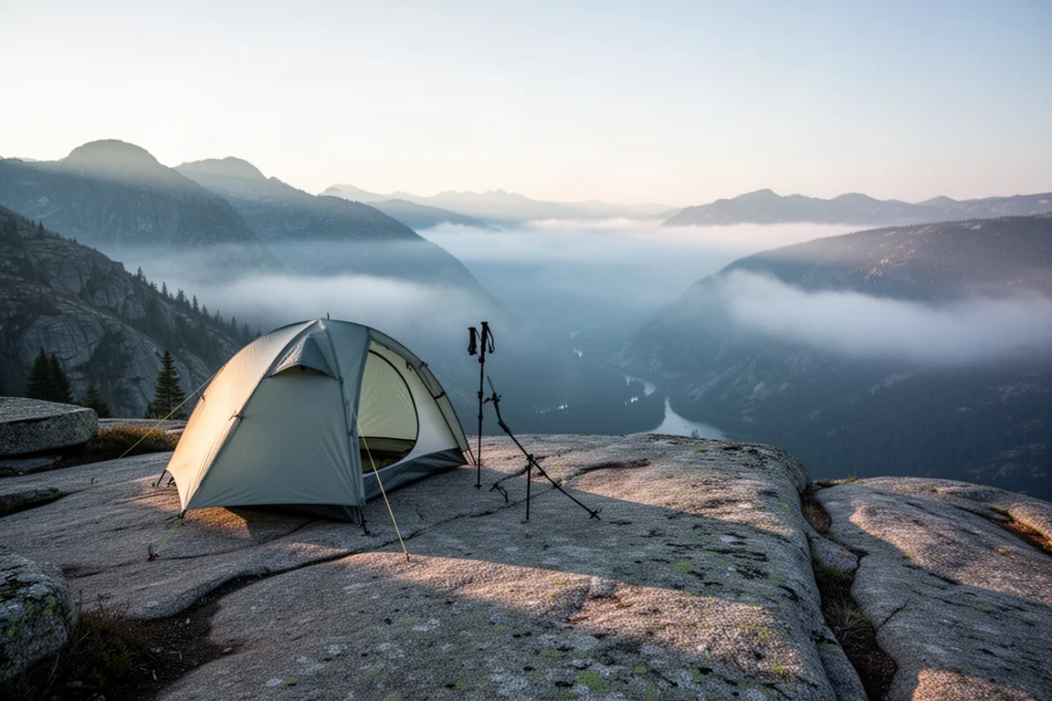 One-person trekking pole tent pitched on a granite ledge above a misty valley at dawn