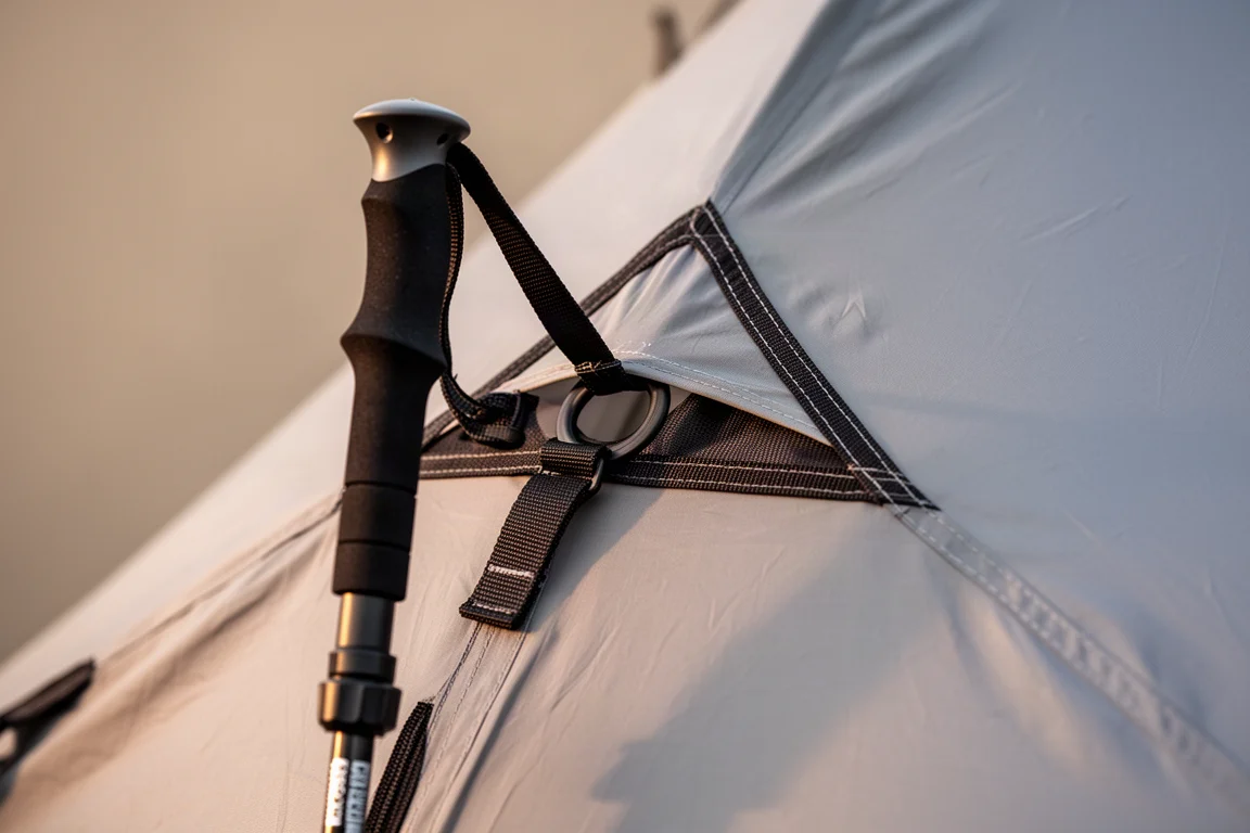 Close detail of a trekking pole tip seated into a reinforced apex grommet on a tent