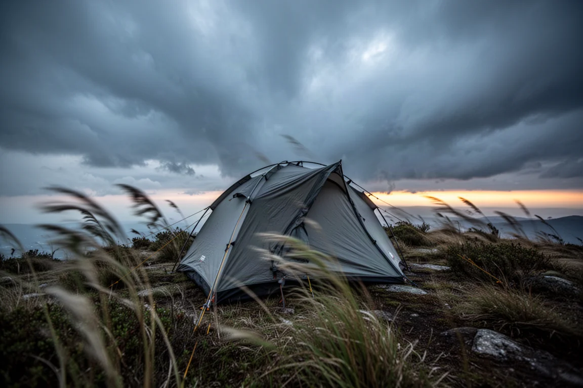 Low-profile backpacking tent braced against strong wind on an exposed ridge at dusk