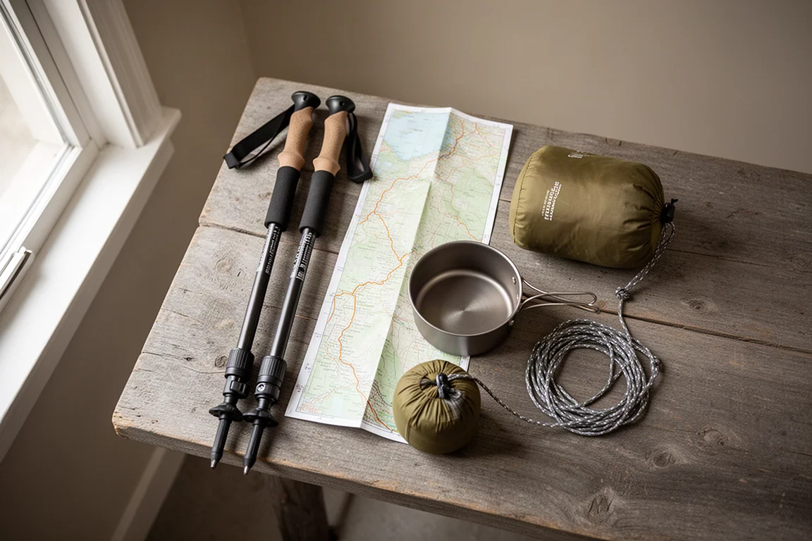 Overhead flat-lay of backpacking gear with trekking poles and a topo map on wood